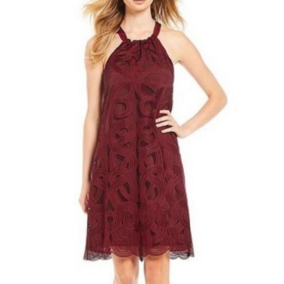 Trina Turk Dresses & Skirts - Trina Turk Burgundy Red Silk Embroidered Sleeveless Halter‎ Mini Dress Size XS